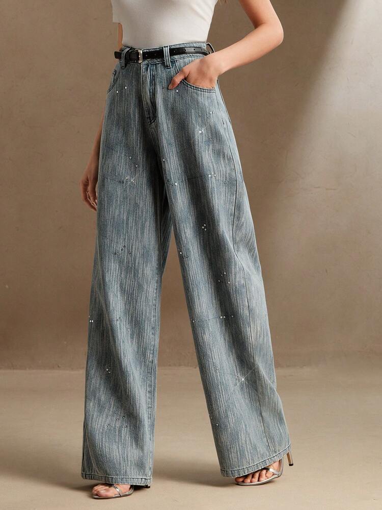 Women's Loose Casual Wide Leg Jeans With Sequin Decoration