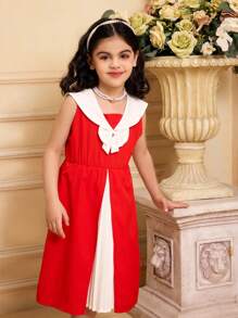SHEIN Vestido informal suelto con cuello en V y parches de pliegues con decoración de lazo, que resalta la vitalidad juvenil, la inocencia adorable, el estilo personalizado y el entusiasmo dulce, perfecto para uso diario y fiestas, prenda esencial de primavera/verano y regalo de ropa para niñas jóvenes