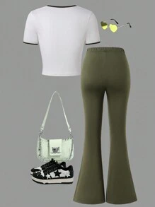 SHEIN Set de 2 piezas con Top de manga corta con estampado de corazón y pantalones de unicolor para niña preadolescente - Multicolor - Ver 2