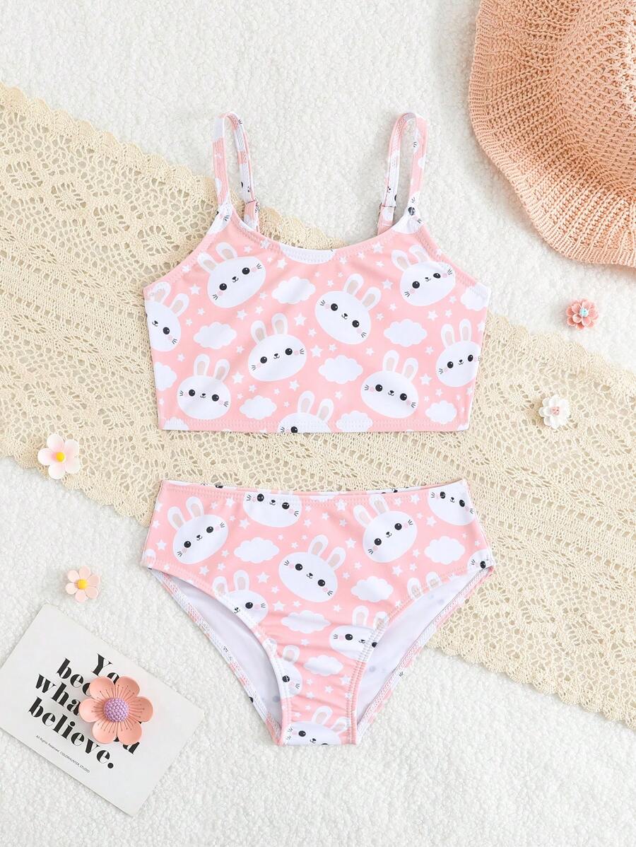 Young Girls Cute Rabbit Print Random Split Beach Swimwear Set, Summer - Multicolor - View 1