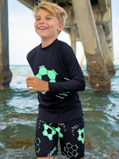 SHEIN Tween Boys Fitted Basketball Glow In The Dark Pattern Tankini Swimsuit 2Pcs Set, Casual Beachwear For Spring/Summer Vacation