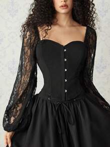 SHEIN MOD Blusa negra de mujer con mangas abullonadas de encaje y cierre a presión, blusas de manga larga, corsés para mujer, atuendos de fiesta para mujeres, camisetas divertidas, camisas de manga larga para mujeres