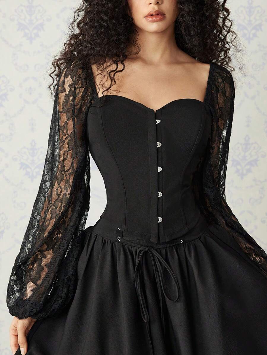 SHEIN MOD Blusa negra de mujer con mangas abullonadas de encaje y cierre a presión, blusas de manga larga, corsés para mujer, atuendos de fiesta para mujeres, camisetas divertidas, camisas de manga larga para mujeres