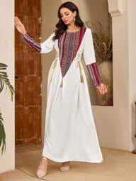 Al Najma Women's Spring/Summer Round Neck Side Tie Up Retro Pattern Patchwork Arabian Dresses, Arabian Dresses