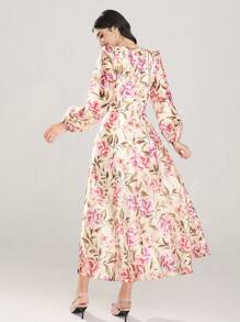 Modelyn Women's Floral Print Square Neck Lantern Sleeve Long Dress, Elegant - Multicolor - View 6