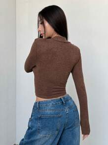 SHEIN Unity Square Neck Ruched Minimalist Fitted Long Sleeve T-Shirt, Spring Outfits - Brown - View 2