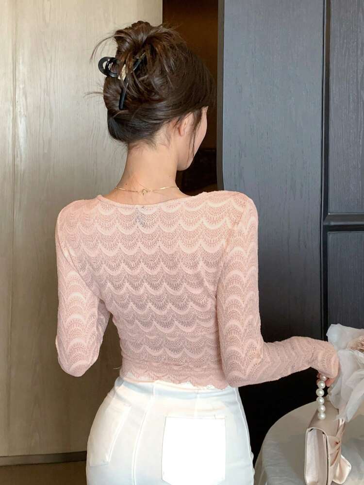 Top rose en dentelle pour femmes, top à manches longues pour le printemps/été