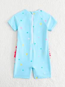 年轻女孩卡通印花圆领无袖连体泳衣，简约修身 - 彩色 - 查看 2