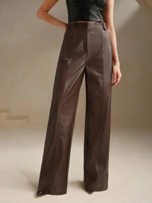 Anewsta Pantalones acampanados suaves y de alta calidad para mujer, pantalones largos de piel sintética de pierna ancha, diseño de pantalones de pierna ancha