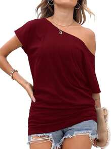 SHEIN Essnce Plus Size Women's Spring And Summer Casual Loose Off Shoulder Red Comfortable Tops T-Shirts, Summer Women's Clothes, Cute Summer Tops,Going Out Tops,Teacher Clothes,Curve Tops