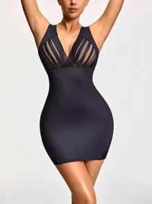 SHAPORA 女士 V 领无袖透视拼接简约修身连衣裙 - 黑色 - 查看 1