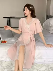 DAZY Women's Short Sleeve Lace Patchwork Ruffle Sleeve Sleepwear Robe