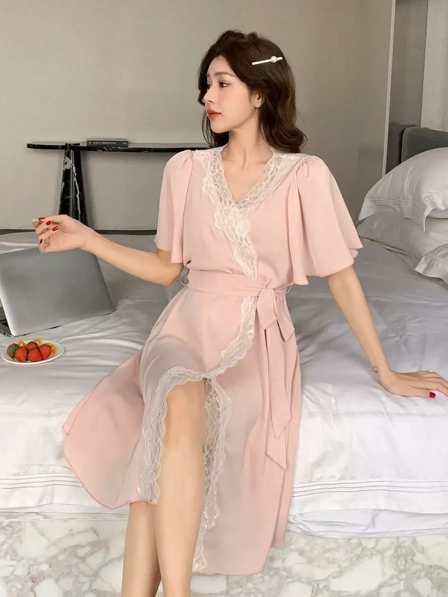 DAZY Women's Short Sleeve Lace Patchwork Ruffle Sleeve Sleepwear Robe