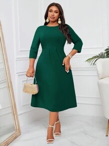SHEIN Lady Vestido midi de línea A morado plisado elegante y cómodo para uso diario con cinturilla y mangas de longitud media para todas las estaciones, tallas grandes - Verde - Ver 5