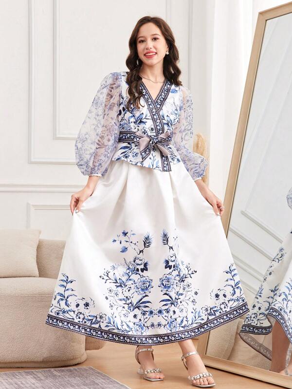 SHEIN Teen Girls Blue Elegant Floral Patchwork Sheer Mesh Printed Shirt With Floral A-Line Skirt, Bowknot Waist Princess Style Dress Set, Suitable For Holidays, Elegant