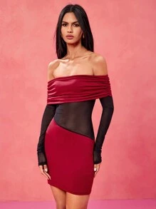 AROSE Designer Color Block Red Off Shoulder Black Sheer Mesh Long Sleeves Sexy Women Mini Dress, Valentine's Day, Spring & Summer, Festival, Concert Outfit, Rave Outfits Festival, Prom Dress