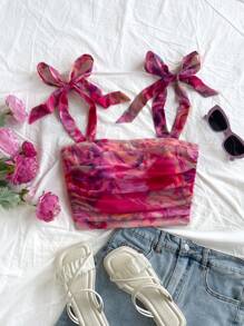 Soleia Top corto con tirantes y nudo delantero en estilo tie-dye, para vacaciones, citas, tardes de té, vacaciones, festivales de música, estilo bohemio - Multicolor - Ver 3