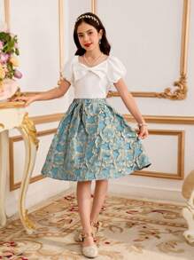 2pcs Tween Girls Solid Bow Decor Shirt And Floral Jacquard Mini Skirt Set - Green - View 3