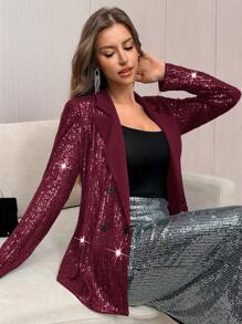 SHEIN Privé Women's Asymmetrical Two-Tone Blazer Jacket - Burgundy - View 5