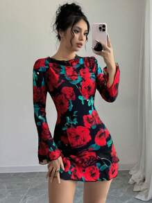 Firerie 女士优雅浪漫时尚通勤性感优雅风格连衣裙，适合派对、圣诞派对、度假、返校、浪漫约会和婚礼生日，紧身红色花卉印花露背连衣裙 - 彩色 - 查看 4