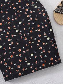 Tween Girls' Ditsy Floral Patchwork Solid Color Round Neck Casual 2 In 1 Short Sleeve Dress - Black - View 3