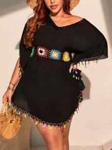SHEIN Swim Curve Plus Size Women Crochet Patchwork Pullover Short Sleeve Loose Cover Up Dress, Summer Beach Vacation