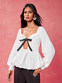 Oxana Designer Women's Business Casual Tie Front Tie Long Sleeve Casual Top, Everyday Wear, Spring & Summer, Going Out, Festival, Office - White - View 7