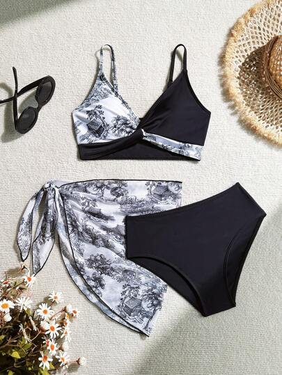 SHEIN Tween Girl Solid Color Splice Spaghetti Strap Bikini Top And Bottom Swimwear Set