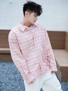 DAZY Camisa de Manga Longa Xadrez Rosa Primavera Homem Monobotão - Vermelho - Visão 7