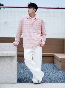 DAZY Camisa de Manga Longa Xadrez Rosa Primavera Homem Monobotão - Vermelho - Visão 8