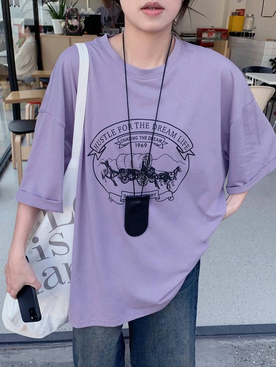 DAZY 女士圆领花卉印花宽松短袖休闲 T 恤图案 T 恤超大 T 恤 - 紫色 - 查看 1