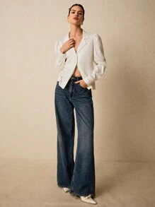 Poéselle White Shirt,Office Women Outfits,Button Up Women Shirt,Women's Solid Color Lapel Neck Puff Sleeve Single-Breasted Elegant Shirt,Simple Fashion, Old Money,Comfortable And Breathable Fabric, Suitable For Daily, Street, Commute, Holiday, Dating And Other Occasions To Wear
