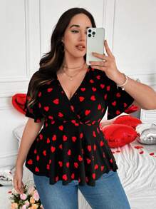 Flirla 大码波西米亚风 V 领荷叶边袖荷叶边短袖红色心形腰部修身优雅性感情人节女式 T 恤，带有情人节、玫瑰、心形、波尔卡圆点、爱心、嘴唇、丘比特和 171D 花朵图案，适合夏季 - 黑色 - 查看 7