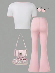 SHEIN Explorewe 2pcs/Set Tween Girls Round Neck Short Sleeve Heart Print Minimalist Top And Long Pants Set - Multicolor - View 2