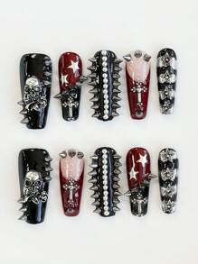 ROMWE 10pcs Gothic Skeleton Studded High-Quality False Nails + 3 Double-Sided Tapes, Y2K Goth Punk Manicure, Detachable Contrast Color Handpainted Nail Stickers, Suitable For Festivals, Parties, Dancing And Everyday Wear, Halloween - Multicolor - View 7