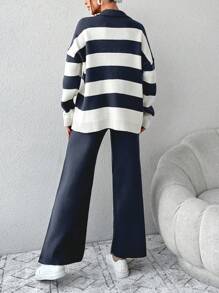 EURMUSE 2pcs Women Casual Striped Front Button Long Sleeve Top And Pants Set - Navy Blue - View 2