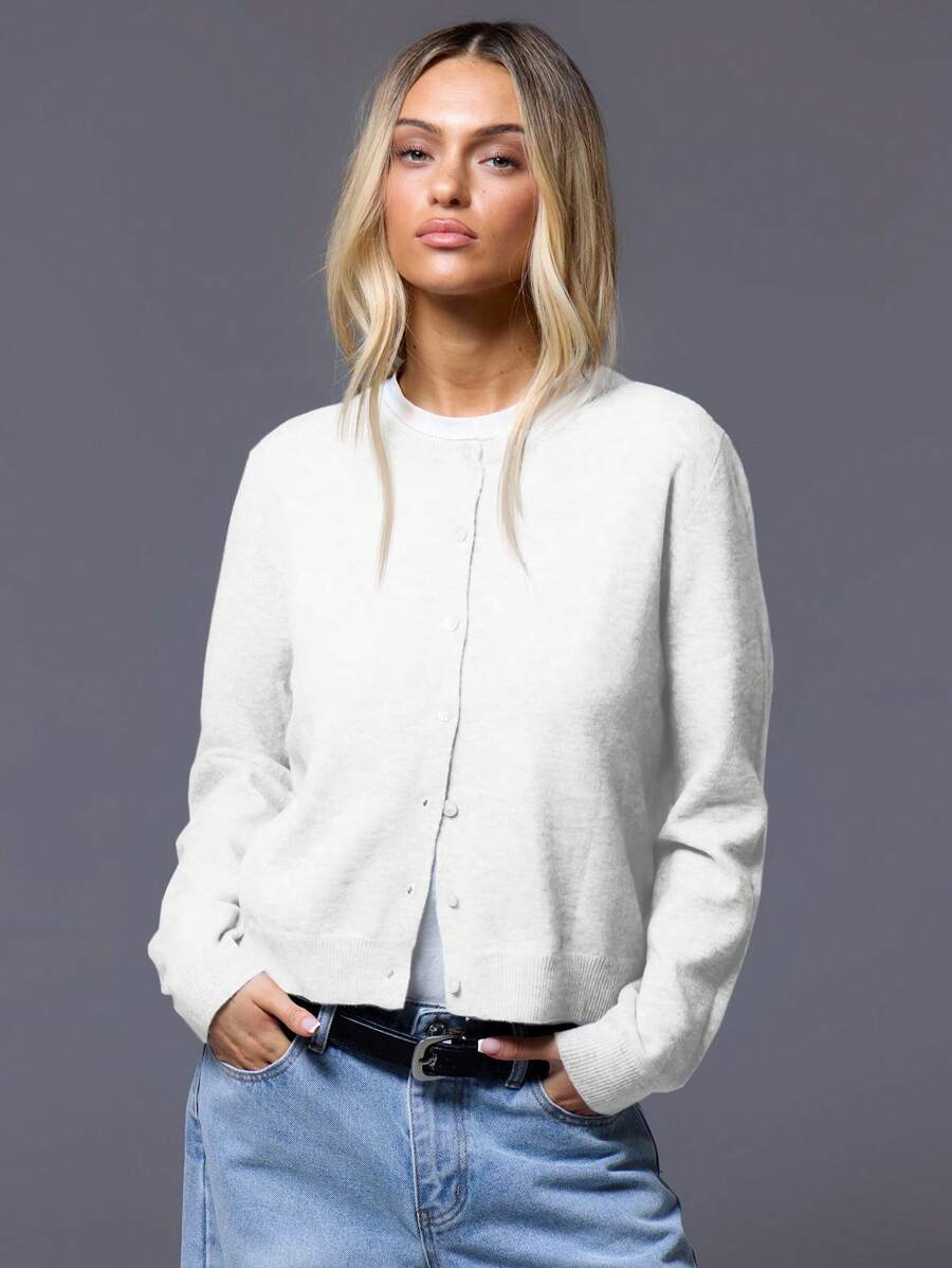 MUSERA Button Up Crew Neck Cardigan For Spring Y2K 90's Casual Cute Oversized Tee Airport Outfits Fall Back To School Autumn Winter Everyday  Work Office  Chic Sweater Spring - White - View 1