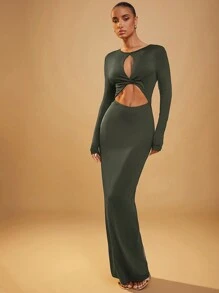Hauture Women Clothing, Winter Women Clothes, Elegant Front Twist Cut Out Padded Shoulder Long Sleeves Coffee Brown Fitted Maxi Dress. For Date Night, Concerts, Performances, Parties, Clubs