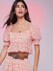WESTFADE Áo crop top peplum cổ vuông tay bồng in hoa mùa xuân cho lễ hội - Màu be - Xem 5