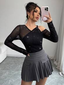 Elenzga 新款斜肩修身女式T恤，修身 - 黑色 - 查看 5