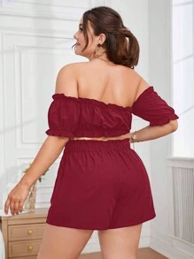 SHEIN VCAY Plus Size Off Shoulder Solid Top And Shorts Casual 2 Pieces Set - Burgundy - View 2