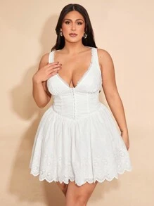 SHEIN BAE Vestido de vacaciones elegante y blanco para mujer de talla grande, vestido de verano elegante para la playa con bordado calado y vuelo, vestido de viaje dulce para citas