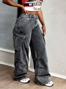 SHEIN Slayr Women's Street Style Utility Cargo Straight Leg Denim Jeans