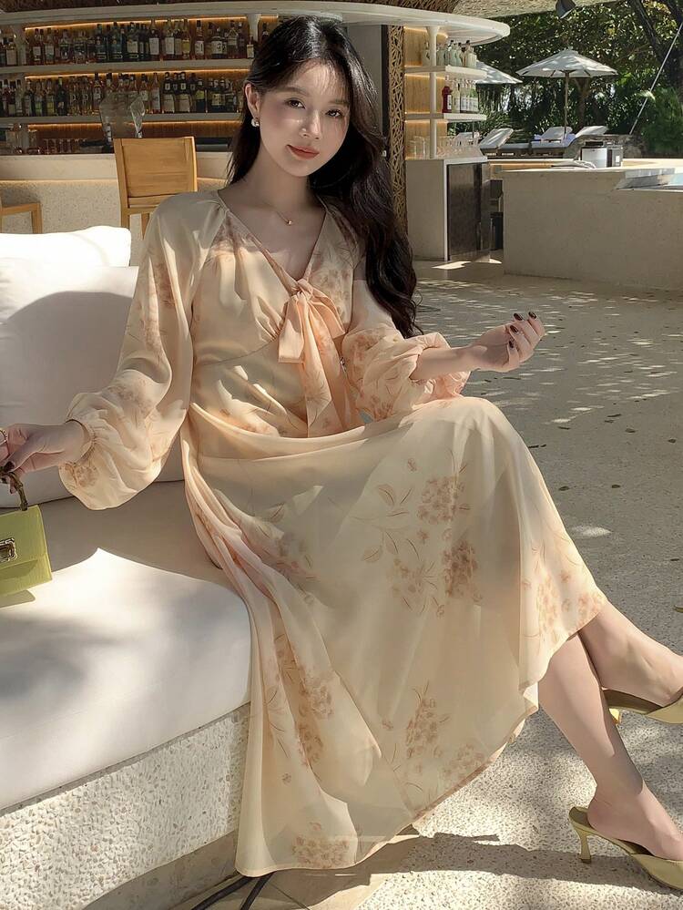 Women Cinched Waist Floral Print Midi Dress,Fall Dress Long Sleeve Dress