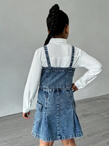 SHEIN Set in denim da 3 pezzi per ragazze: camicia in chambray, vestito pinafore in denim, stile casual alla moda, abbigliamento quotidiano per ragazze