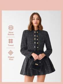 Enchnt Spring/Summer Romantic Women's Black Plaid Fashionable Metal Buttons Decor Long Sleeve Fringe Casual Tweed Jacket,Sweet&Elegant Outfit For Party And Sweet Date Night &Holiday & Graduation Dress&Daily Commuting&Vacation - Black - View 2