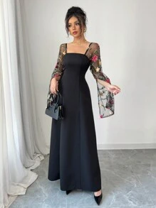 Elenzga Đầm dự tiệc sang trọng thêu hoa hồng tương phản lưới đen thanh lịch cho nữ - màu đen - Xem 6