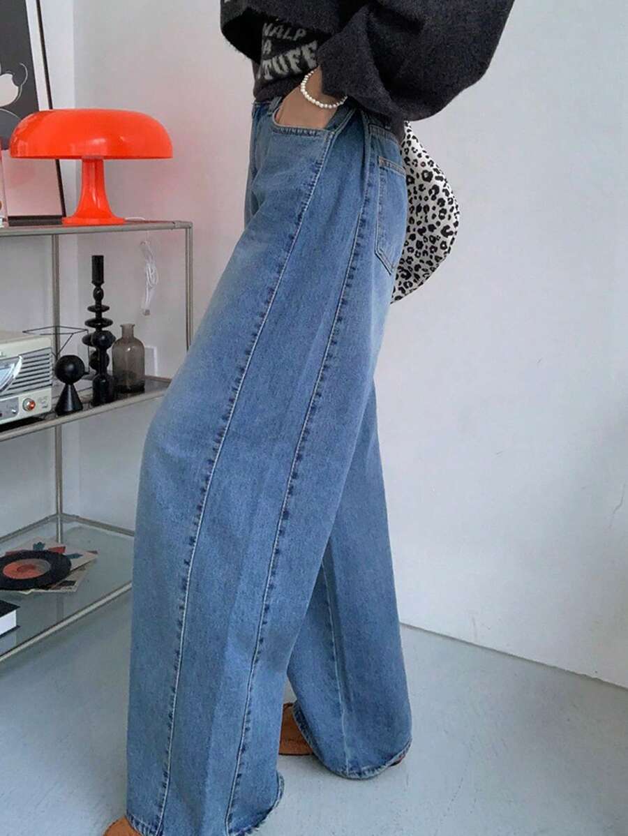 DAZY Women's Loose Wide Leg Side Pleated Flared Hem Long Denim Jeans, All Season