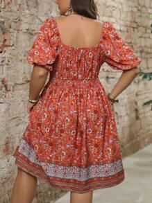 SHEIN Clasi 大码波西米亚风短袖花卉印花休闲短裙，适合夏季 - 亮橙色 - 查看 2