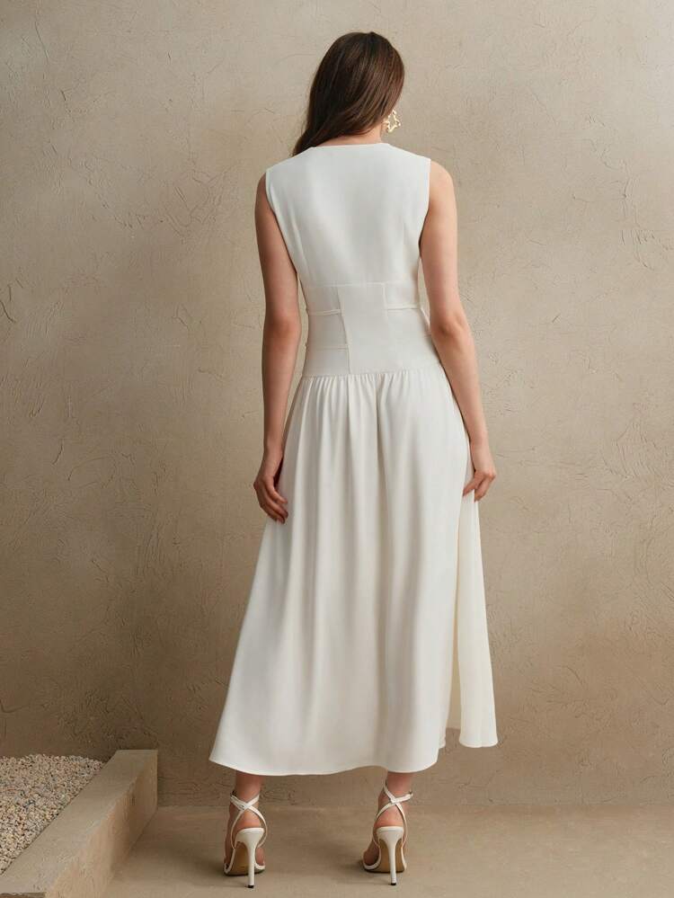Elegant White Woven Sleeveless V-Neck Cinched Waist Summer Dress For Women, Fashion, Festival, Vacation Outfits